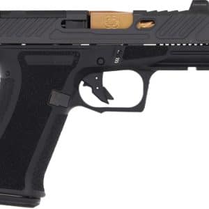 Black semi-automatic pistol with a textured grip and a gold-colored cartridge visible in the chamber area of the slide tool.