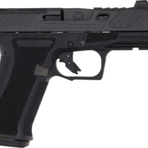 Side view of a black semi-automatic pistol with a textured grip and serrated slide in profile.