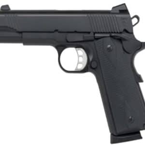 Side view of a black semi-automatic pistol with a textured grip and trigger guard.