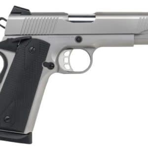 Side view of a full-size semi-automatic pistol with a silver slide and black textured grip.