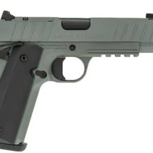 Gray semi-automatic pistol with a black textured grip, shown in a right-side profile on a plain background.