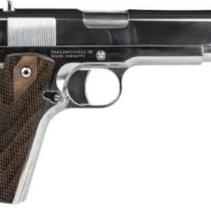 Chrome-plated 1911-style semi-automatic pistol with brown checkered grip panels.