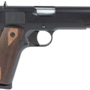 Left-profile view of a black semi-automatic pistol with brown checkered grip panels.