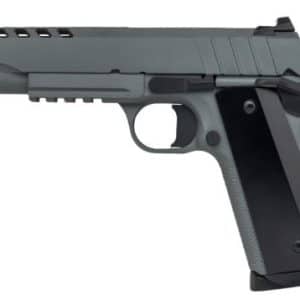Semi-automatic handgun with a gray slide and black textured grip, shown from the side