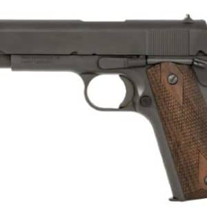 Semi-automatic pistol with a dark metal slide and textured wooden grip viewed in profile across a white background.