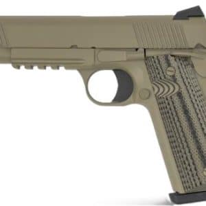 Beige semi-automatic handgun shown in profile from the left, with a patterned grip and black sights.