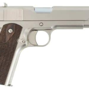 Side view of a silver semi-automatic pistol with a brown checkered grip on a plain background.