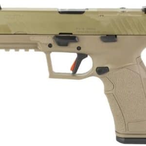 Tan semi-automatic handgun shown in a right-side profile with a textured grip and visible trigger safety.