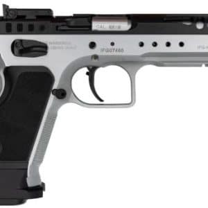 Side view of a silver and black semi-automatic pistol with a top rail, shown in profile on a white background.