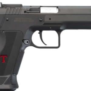 Left-side view of a black semi-automatic pistol with a textured grip and a red 'T' logo on the grip.