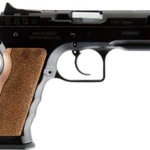 Side view of a black semi-automatic pistol with a brown textured grip on the left side, shown in profile