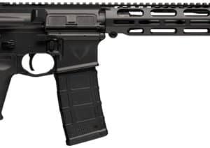 Black modern assault rifle shown in profile with collapsible stock and long handguard on white background.