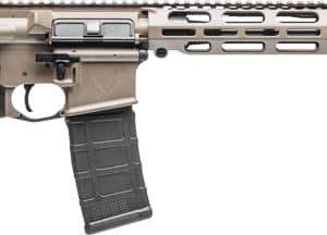 AR-style semi-automatic rifle with adjustable stock, tan handguard, and detachable magazine