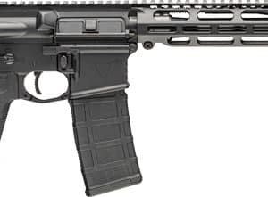 Black AR-style rifle in profile with adjustable stock, pistol grip, and a translucent-looking magazine inserted in a large handguard.