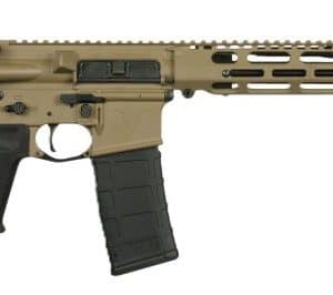 Tan and black semi-automatic rifle with collapsible stock and long modular handguard in profile view (AR-style).