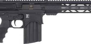 Black AR-style rifle with a collapsible stock, pistol grip, and long handguard with a top rail, shown horizontally.
