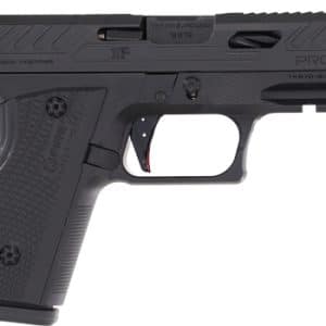 Side view of a black semi-automatic pistol with a textured grip and rail along the frame.