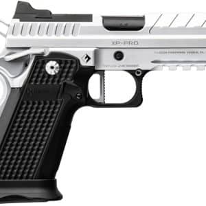 Side view of a silver-and-black semi-automatic pistol with textured grip.