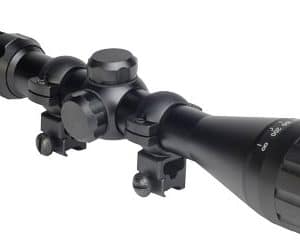 Black optical riflescope with adjustable zoom and mounting rings, shown from the side view