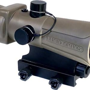Compact rifle scope optic with Lucid Optics branding mounted on a black rail base and adjustment knobs.