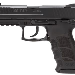 Side view of a black HK P30 semi-automatic pistol with a textured grip and .40 S&W markings.