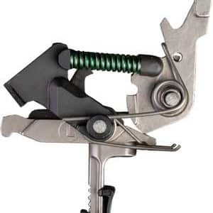Locking clamp tool with black housing and green spring, gripping metal workpieces.