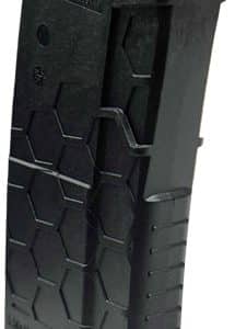 Black pistol magazine angled to show the red follower at the top, with a textured body.