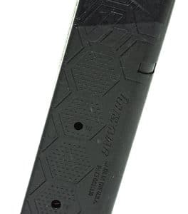Detachable pistol magazine with a red follower, shown diagonally with a black textured body and base plate at the bottom.