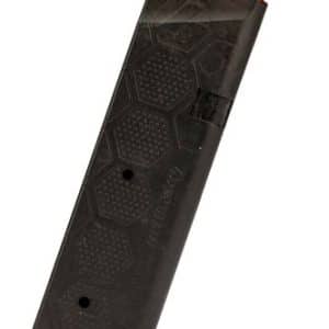 Black high-capacity firearm magazine with a red follower, angled diagonally.