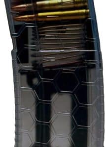 High-capacity handgun magazine with brass cartridges visible at the top and a dark polymer body.