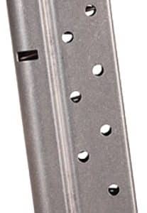 Metal handgun magazine with base plate and several round-count holes along the side.