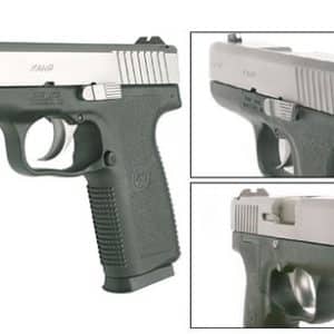 Semi-automatic pistol with silver slide and black grip, shown with two inset detail views (top and front).