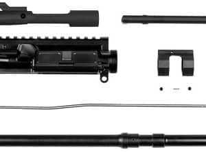 Disassembled rifle components arranged in a row: upper receiver with rail, barrel assembly, stock, handguard, gas tube, front sight, and small pins