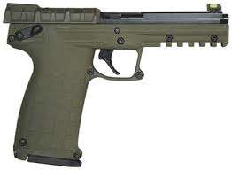 Olive-green handgun with a textured grip, trigger guard, and multiple accessory rails along the top and sides.