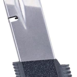Silver handheld stapler with a black textured grip on a white background.