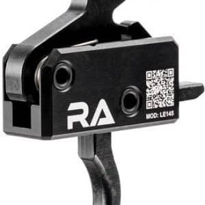 Close-up of a small black mechanical component with a curved lever and mounting holes; features a QR code and an 'RA' logo.