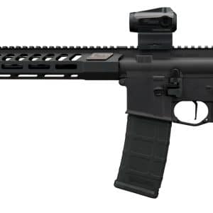 Black semi-automatic rifle with a long free-float rail, folding stock, and a vertical optic mounted on top rail