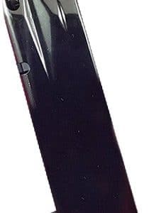 Metal handgun magazine resting at an angle on a white background