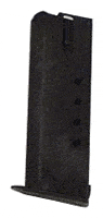 Black handgun magazine with a flat baseplate, standing upright.