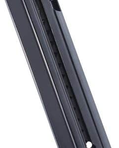Black handheld stapler viewed from the side, with a long rectangular body and a top loading area.