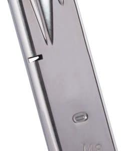 Metal handgun magazine with a black base plate viewed from the side. It appears to be a removable ammunition magazine used in pistols.