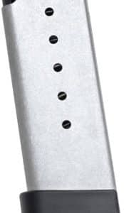 Six-round metal pistol magazine with a black baseplate, angled to the left.