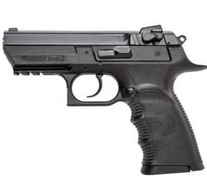 Black semi-automatic pistol with a textured grip and accessory rail on the frame's underside.