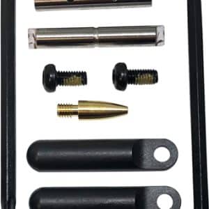 Assorted hardware parts: two black handles, two long allen wrenches, metal pins, screws, a brass cone, and rods on white background.