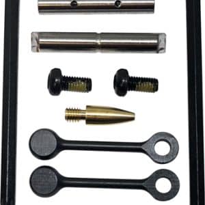 Assorted hardware and Allen wrenches on a white background, including two U-shaped hex keys, screws, pins, and spacers.