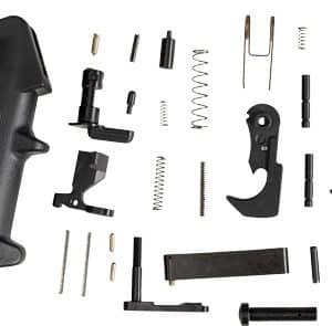 Disassembled pistol parts laid out on a white background, including a black grip and many springs, pins, and small components.