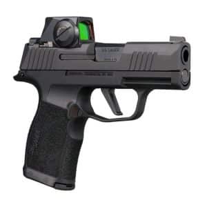 Compact SIG Sauer semi-automatic pistol with a mounted red-dot sight on a white background