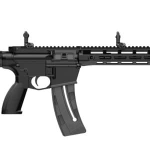 Side view of a black modern assault rifle with adjustable stock, pistol grip, and quad-rail handguard with a curved magazine visible in front of the trigger guard.