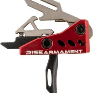 Red Rise Armament archery release aid with metal release hook and trigger, shown on a white background.
