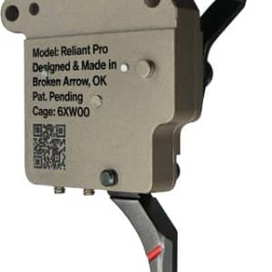 Reliant Pro archery release aid with tan housing, black trigger lever, and printed model information on the side.